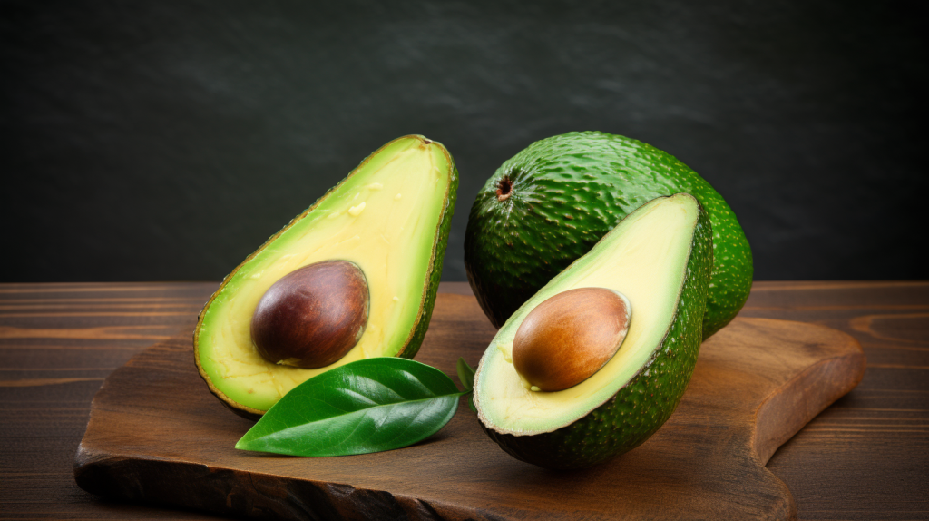 Un avocat coupé en deux, parfait lorsqu'on est en état de cétose, sur un fond blanc.
